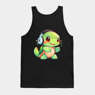 Cute Green Turtle with Headphones Tank Top